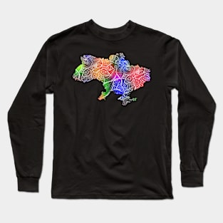 Colorful mandala art map of Ukraine with text in multicolor pattern Long Sleeve T-Shirt